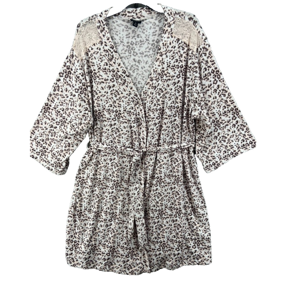 Tahari Robe Women Sz 2XL Animal Print Wrap Lace Cutouts Buttery Soft Cream Brown